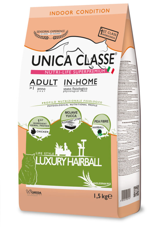 Hrană uscată pentru pisici UNICA CLASSE cu pui Adult In-Home Luxury Hairball 1,5 KG