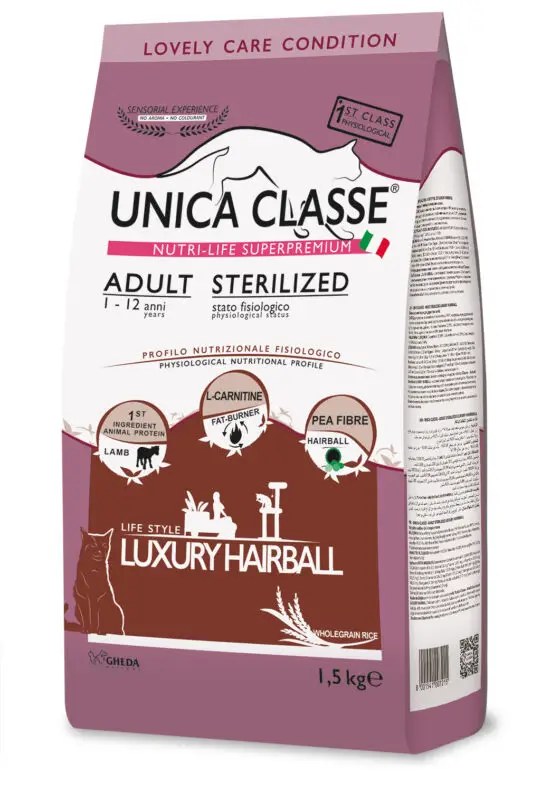 СУХОЙ КОРМ ДЛЯ СТЕРИЛИЗОВАННЫХ КОШЕК C ЯГНЕНКОМ UNICA CLASSE Luxury Hairball 1,5 KG