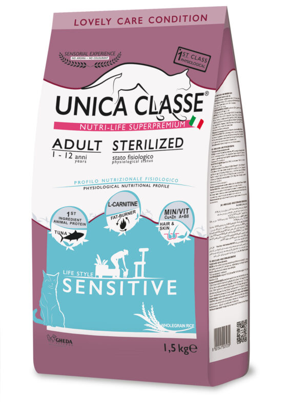 Hrană uscată pentru pisici sterilizate cu pește UNICA CLASSE ADULT STERILIZED SENSITIVE 1,5 KG