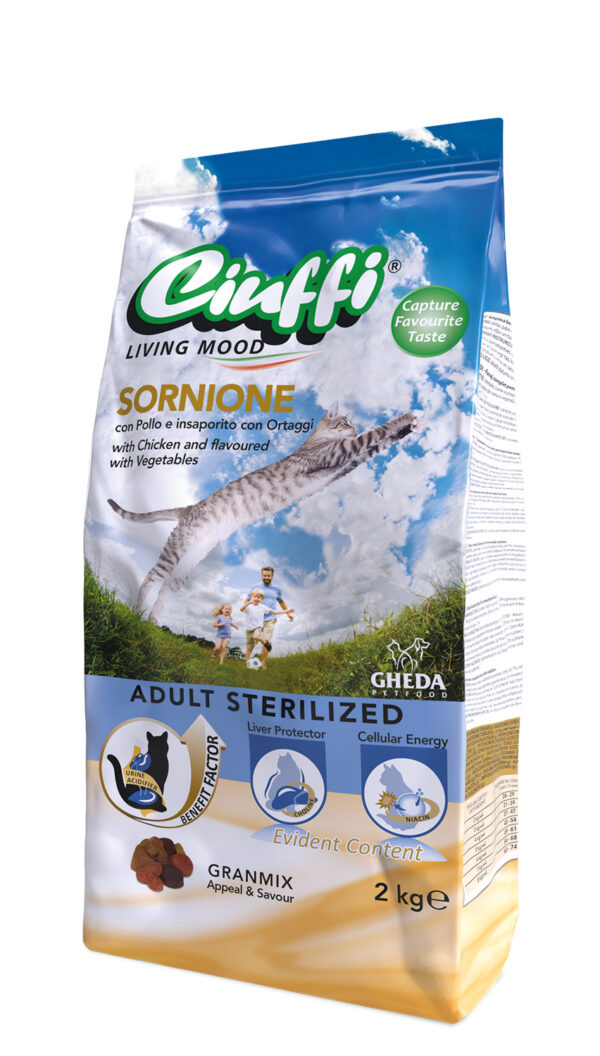 HRANĂ USCATĂ PENTRU PISICI STERILIZATE CU PUI CIUFFI SORNIONE 2KG