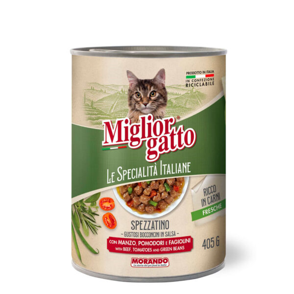 Влажный корм для кошек MIGLIOR GATTO LE SPECIALITA’ ITALIANE salsa con manzo, pomodori e fagiolini (с говядиной, помидорами и зелёной фасолью) 405g (телятина ) 405гр