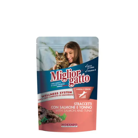 Влажный корм для кошек MORANDO Gatto POUCH STRACCETTI SALMONE/TONNO (лосось/тунец) 100g