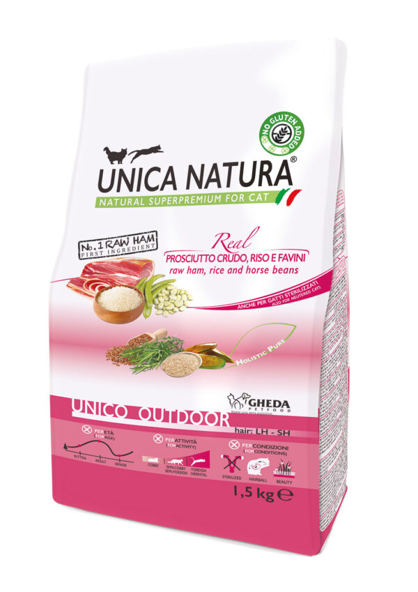 GHEDA  hrana pentru pisici Unica  Natura UNICO OUTDOOR Raw ham, Rice and Horse beans (Șuncă crud-uscată, orez și bob (fava))1,5kg