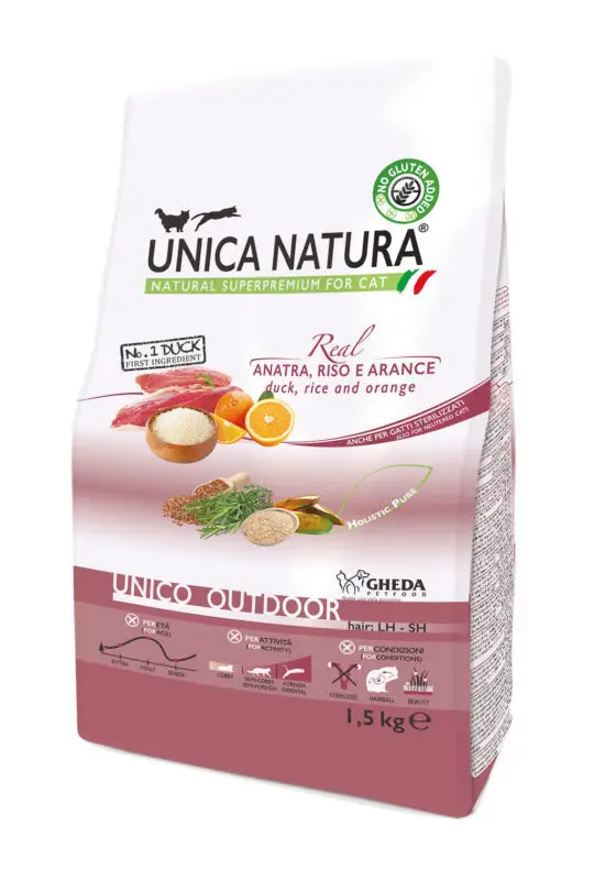 GHEDA сухой корм для кошек Unica  Natura UNICO OUTDOOR Duck, Rice and Orange (утка, рис, апельсин)1,5kg