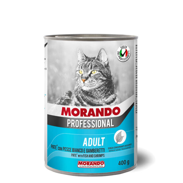 Влажный корм для кошек ПАШТЕТ MORANDO Professional Gatto Pesce Bianco  Gamberetti (с белой рыбой и креветками) 405гр