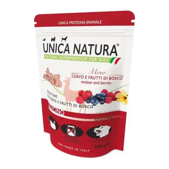 GHEDA Snack-uri pentru caini de talie mică Unica Natura Mono Bone cu carne de cerb și fructe de pădure 300 g